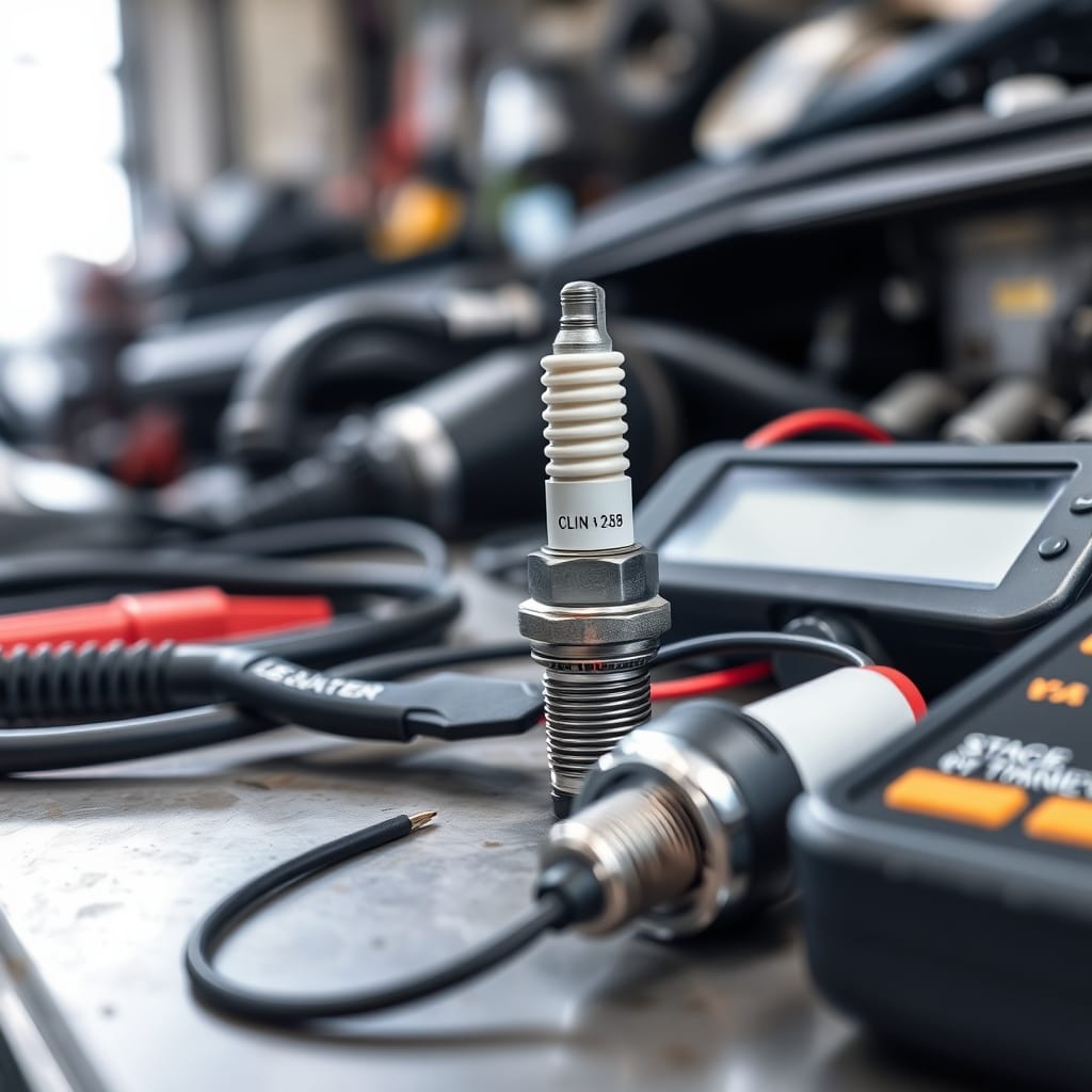 Close-up of a spark plug and ignition coil from cylinder 1 on a workbench, with a multimeter placed nearby.