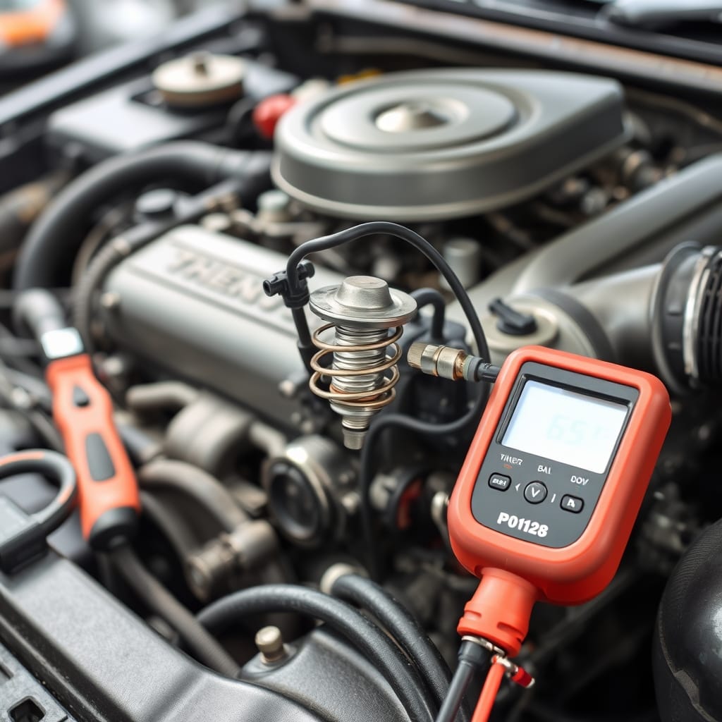 A close-up view of a thermostat and coolant temperature sensor on a workbench, with inspection tools for P0128 code diagnosis.