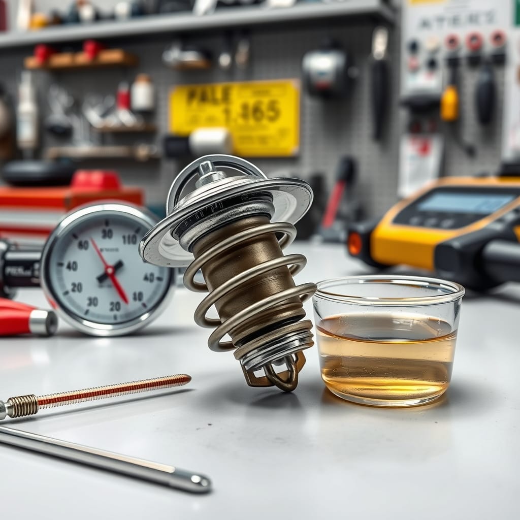 Close-up of a thermostat on a workbench next to a thermometer and heated water for testing functionality.
