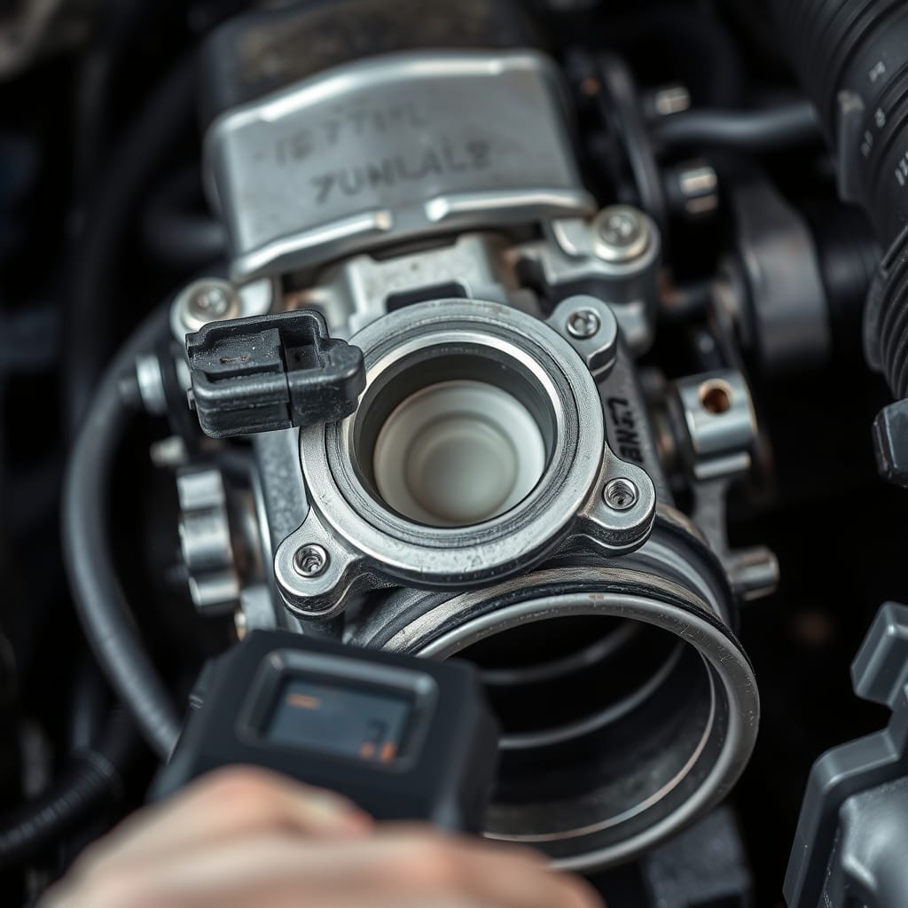 Close-up of a throttle position sensor on the throttle body, showcasing the electrical connectors and surrounding components.