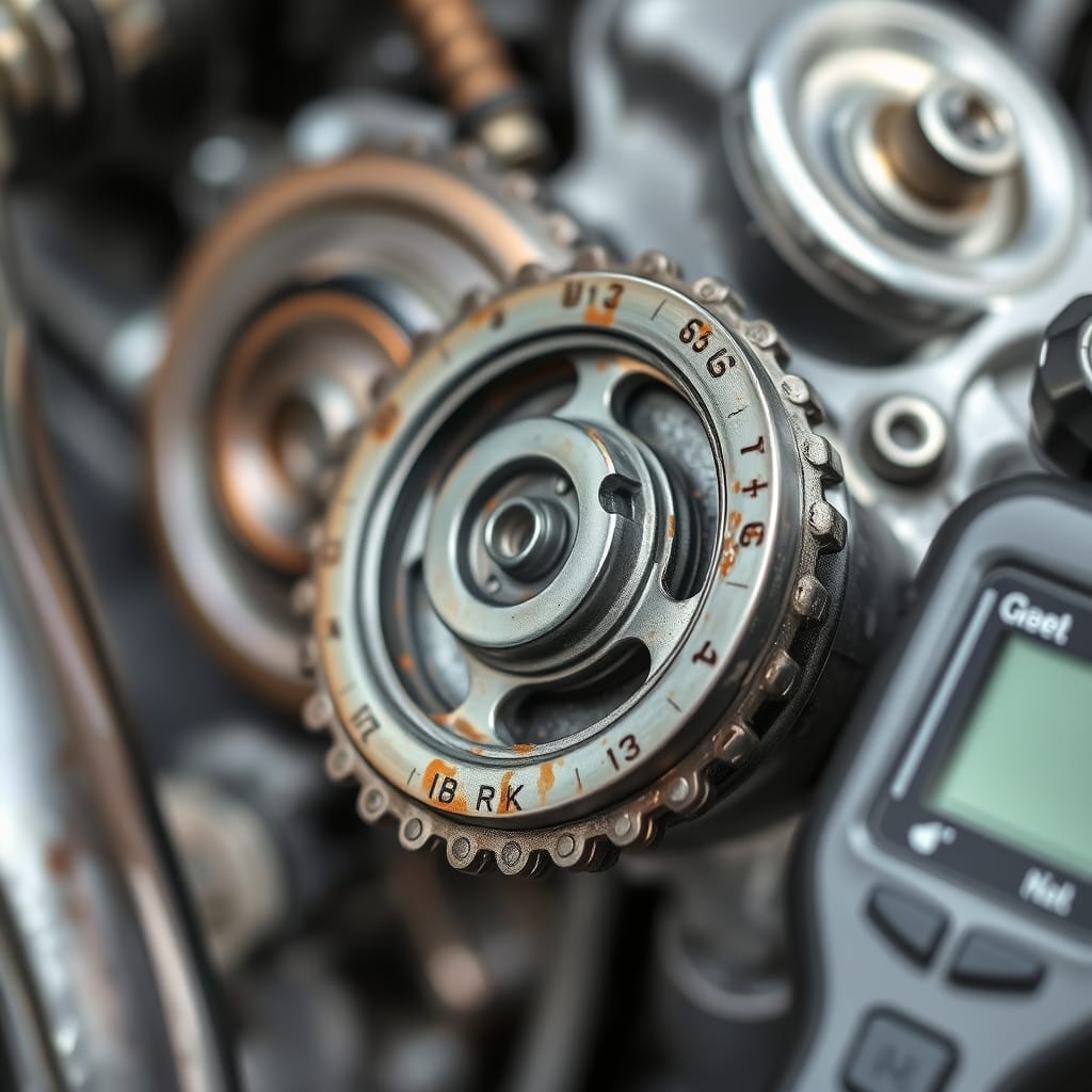 Close-up image of a timing chain tensioner with visible wear marks and oil residues, set against blurred engine parts.