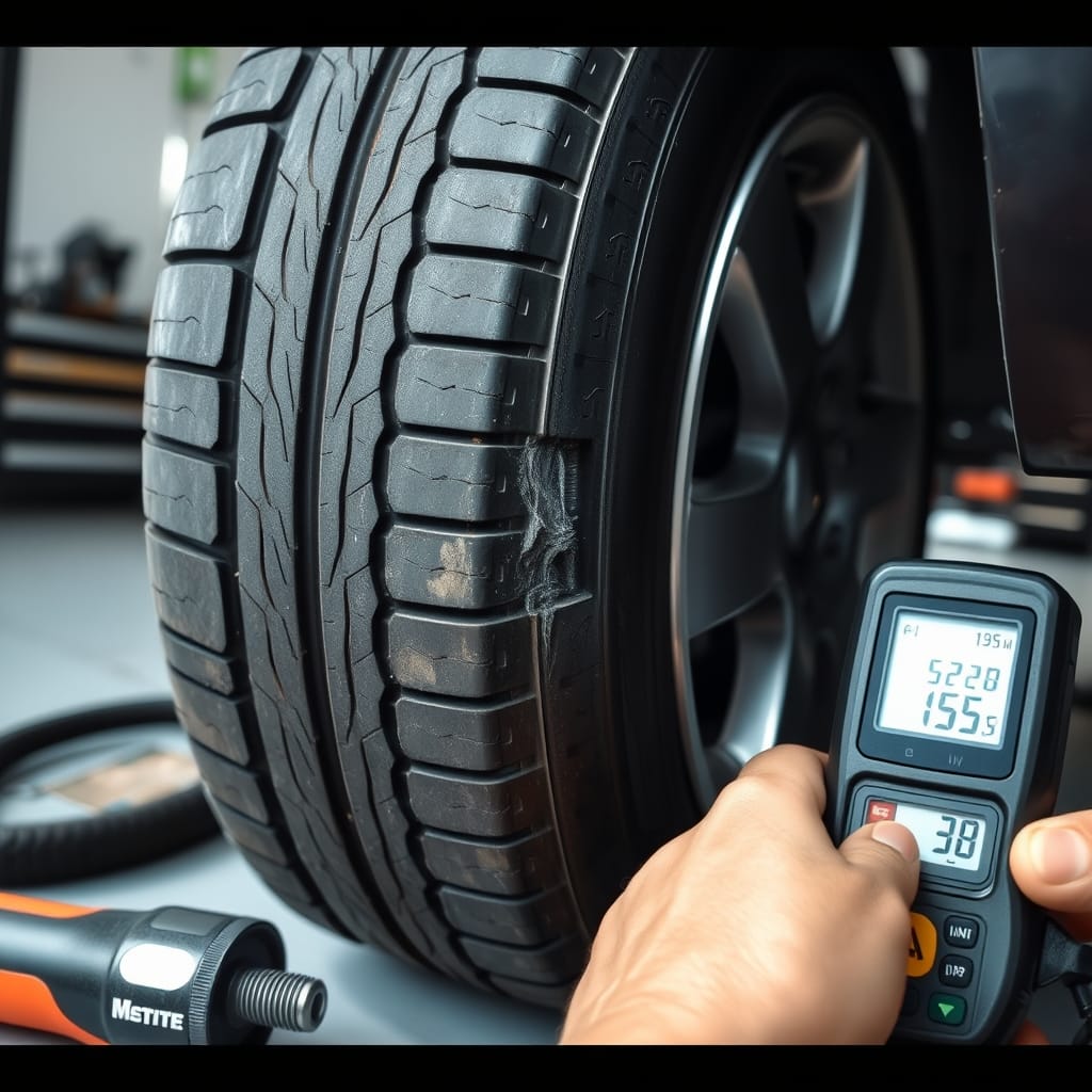 Close-up of a tire showing uneven wear patterns and sidewall details, with tools nearby in an automotive garage.
