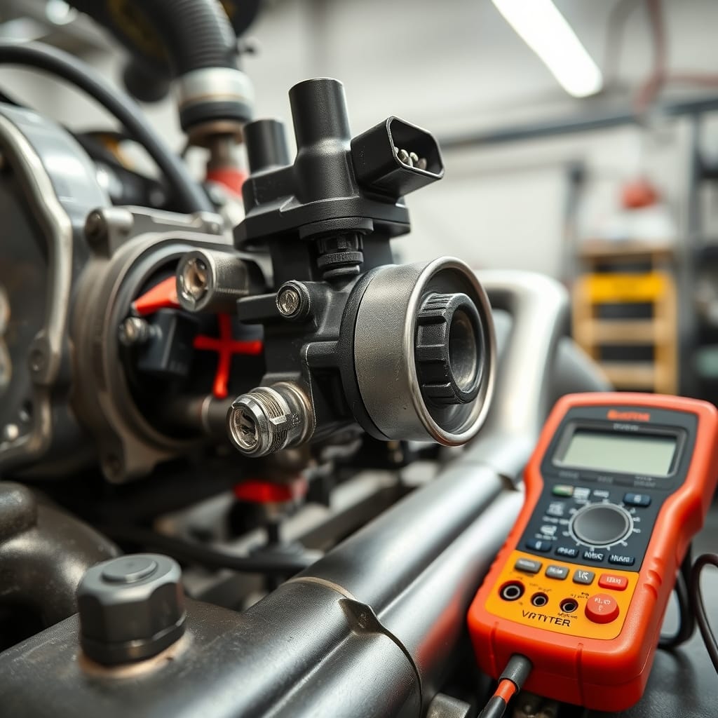 A close-up view of a VVT solenoid and camshaft phaser with tools for electrical testing visible.