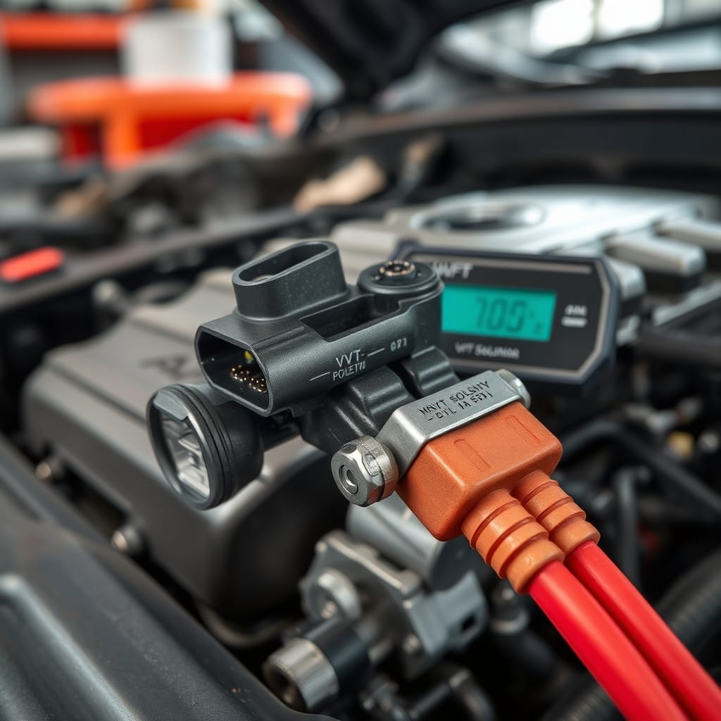 A close-up of the VVT solenoid and its electrical connectors, showing the wiring harness in a bright garage environment.