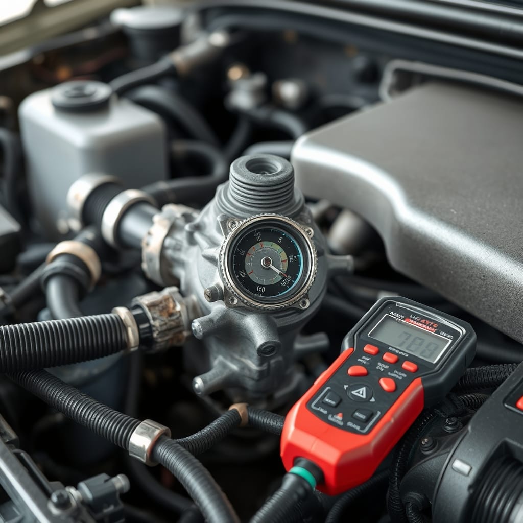 Close-up view of a car's water pump in an engine bay, showing wear and hoses, focusing on coolant circulation diagnostics.