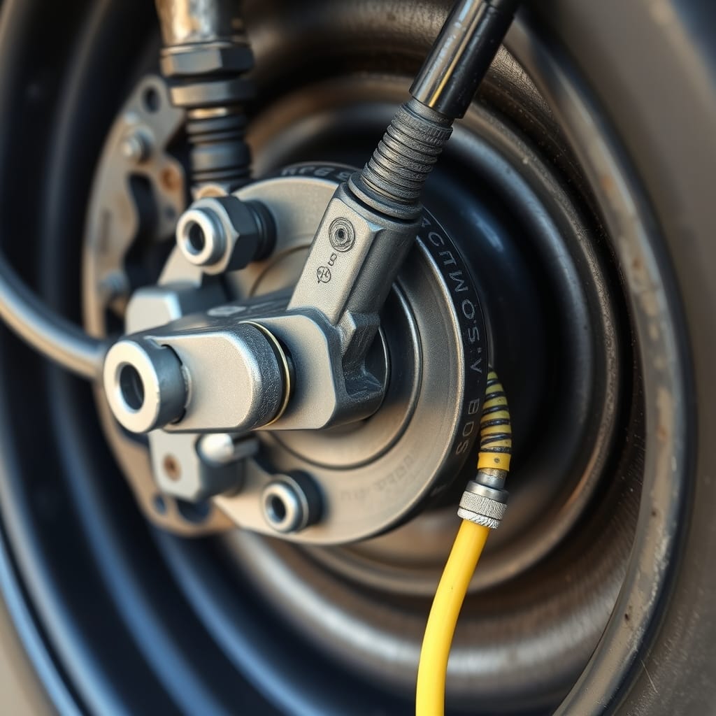 Close-up of a wheel speed sensor mounted on a vehicle's suspension system, showcasing its connections and surrounding components.