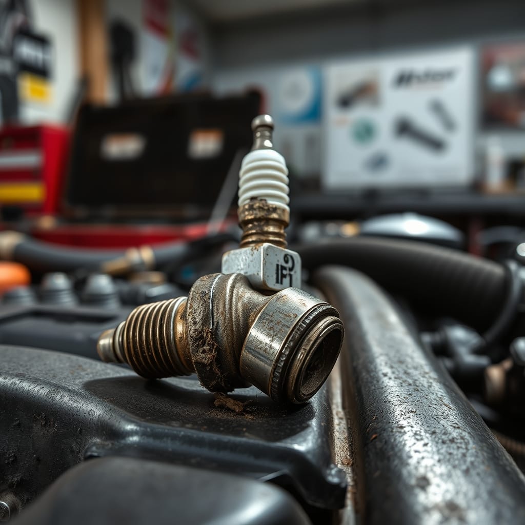 A close-up of a worn spark plug on a workbench, showing carbon buildup and deterioration amidst other engine components.