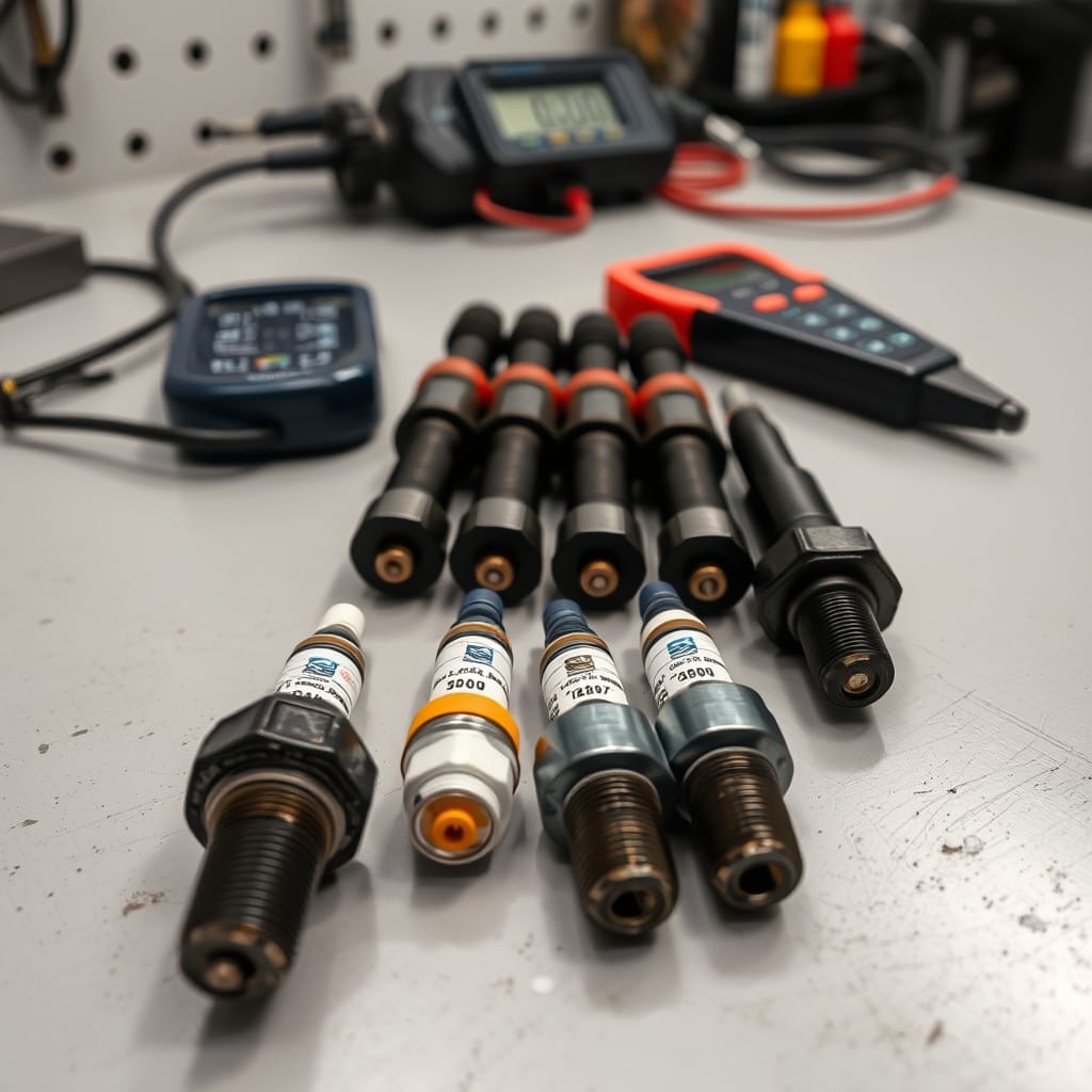 Close-up of worn spark plugs and ignition coils on a clean workbench, showing signs of wear for diagnostic purposes.