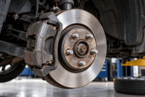 Close-up of a car brake rotor and caliper with the wheel removed for inspection